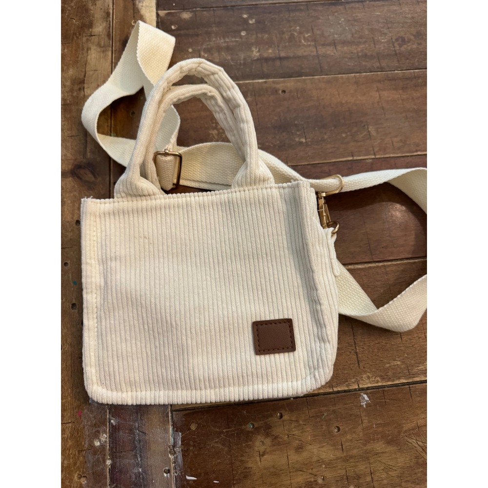 Cream Corduroy Mini Tote Bag Crossbody Ribbed Fabric Small Handbag
